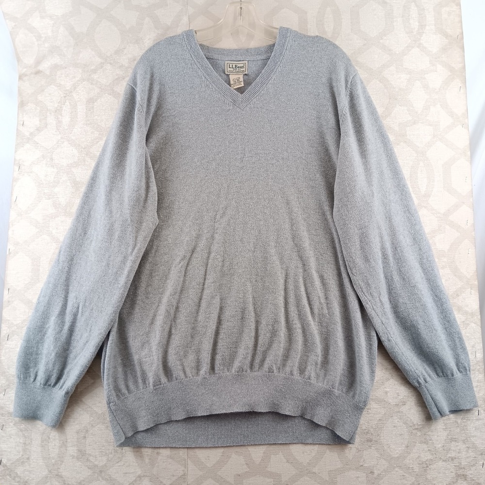 LL Bean Cotton Cashmere Sweater Mens XXL Gray Fleece Long Sleeve Pullover V Neck